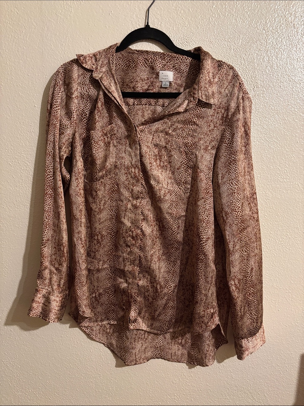 Brown Patterned Printed Silk Button-Down Blouse